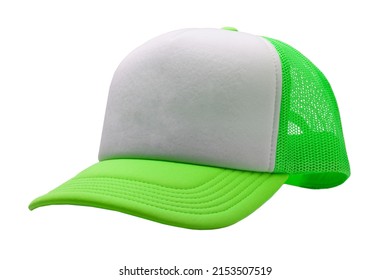 Neon Green Trucker Cap Isolated On White Background. Basic Baseball Cap. Mock-up For Branding.