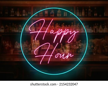 A neon happy Hour sign in front of a bar or pub. Slightly blurred bar or tavern background. Nightlife concept. Pink and teal colors. - Powered by Shutterstock