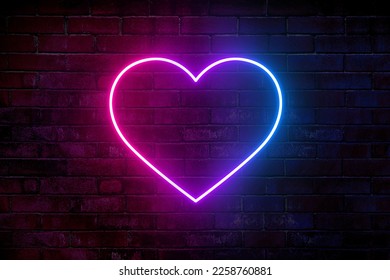 Neon heart with a glow on the background of a dark brick wall. Neon sign pink and blue.
