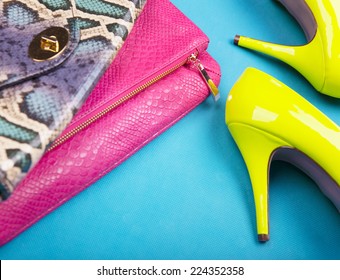 Neon High Heels, Dress And Snakeskin Print Bag, Woman Fashion Concept