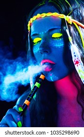 Neon Hippie Girl Smoking Hookah In Blacklight