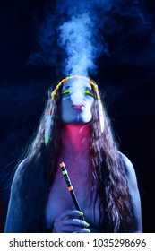 Neon Hippie Girl Smoking Hookah In Blacklight