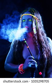 Neon Hippie Girl Smoking Hookah In Blacklight