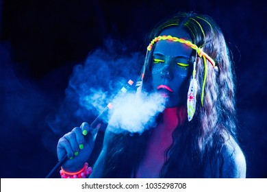 Neon Hippie Girl Smoking Hookah In Blacklight