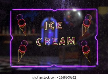 Neon Ice Cream Sign in Rainy Window