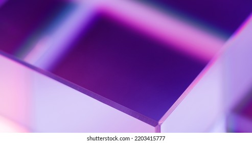 Neon illuminated background. Blur light. Glass cube angle. Defocused ultraviolet purple pink color glow modern geometric abstract empty space poster for text.