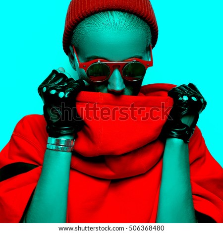 Neon Lady Stylish Accessories. Glasses, Gloves. Hipster fashion Art