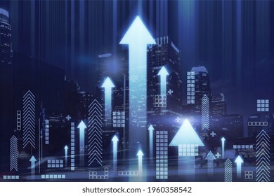 Neon light bars headed up with a night city skyscrapers in the background, improvement and financial success concept, double exposure - Powered by Shutterstock