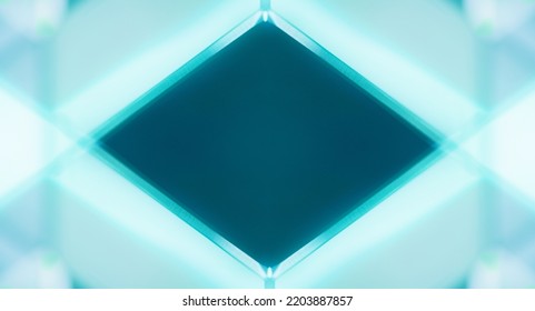 Neon Light Frame. Glowing Background For Logo. Geometric Figure. Defocused Fluorescent Cyan Blue Verdigris Green White Color Radiance Modern Abstract Copy Space Wallpaper.