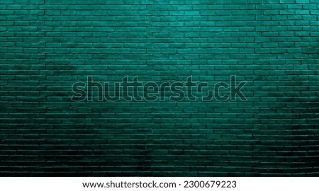 neon light green brick wall texture for pattern background. abstract architectural turquoise blue wide panorama brick work wall for industrial, loft, futuristic design in close up view.