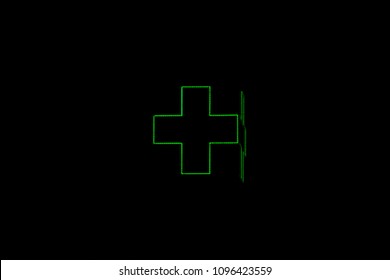 Neon Light Green Cross Sign Of Hospital At Night Background, Pharmacy Or Drug Store