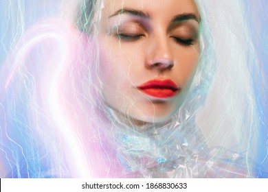 Neon Light Portrait. Skin Rejuvenation. Face Contouring. Futuristic Technology. Double Exposure Of Woman With Red Lips Closed Eyes In Clear Polyethylene Film In Iridescent Holographic Glow.