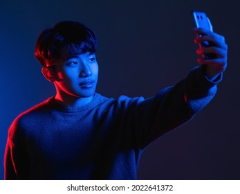Neon Light Selfie Futuristic Technology Man Phone