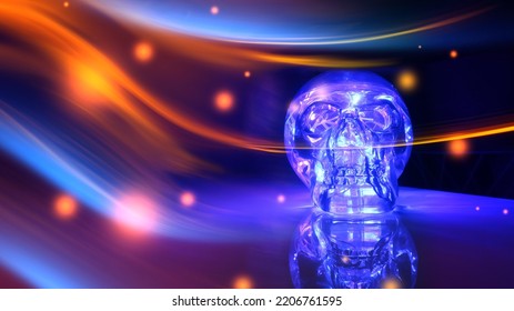 Neon Light Skull On A Dark Background. Halloween Background. Futuristic Light Lines, Bokeh.