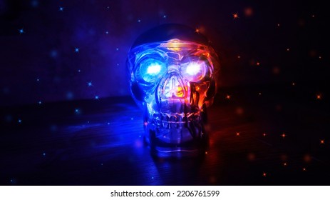 Neon Light Skull On A Dark Background. Halloween Background. Futuristic Light Lines, Bokeh.