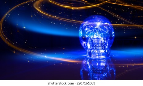 Neon Light Skull On A Dark Background. Halloween Background. Futuristic Light Lines, Bokeh.