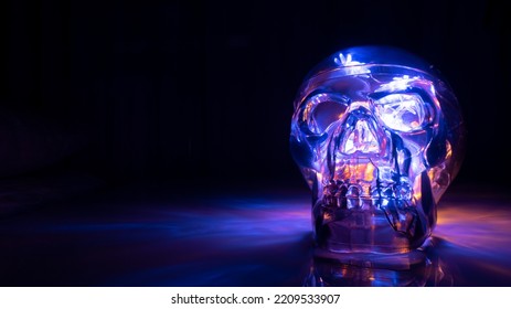 Neon Light Skull On A Dark Background. Halloween Background. Futuristic Light Lines, Bokeh.