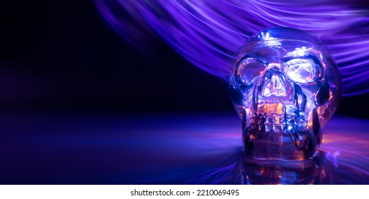 Neon Light Skull On A Dark Background. Halloween Background. Futuristic Light Lines, Bokeh.