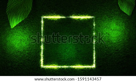 Neon light template. 3d rendering of white square neon light with tropical leaves. Flat lay of minimal nature style concept. Neon leaf, party, christmas background concept, leaves wallpaper. 