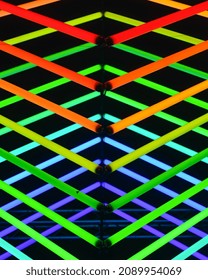 Neon Lights As A Background. Installation Of Neon Lines For The Design. An Art Installation Of Colored Lights. Photo In High Resolution.