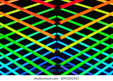 Neon Lights As A Background. Installation Of Neon Lines For The Design. An Art Installation Of Colored Lights. Photo In High Resolution.