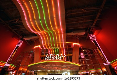 Neon Lights At Movie Theater Entrance And Box Office