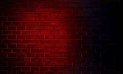 Neon Lights On Old Grunge Brick Wall Room Background..Empty Space Of Red Brown Vintage Grunge Brick Wall Texture Background.