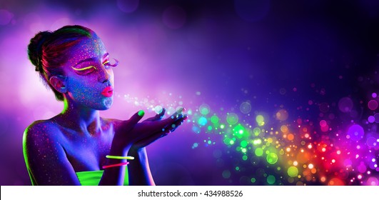 Neon Model Blowing Spectrum Lights - Disco Paint Makeup

