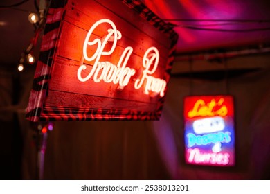 A neon "Parlor Room" sign in bright red script on a wooden background with zebra-patterned edges, creating a cozy, retro ambiance. Blurred background neon lights add playful contrast - Powered by Shutterstock