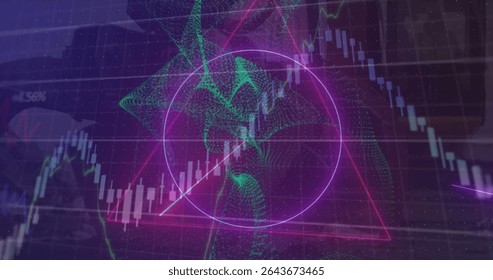 Neon pink circle showing rising line in financial dashboard, with candlestick bars and green mesh. Futuristic, digital, holographic, data visualization, technology, analytics, investment