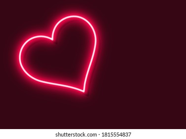 Neon pink heart on dark red background with space for text
