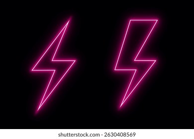 Neon pink lightning bolt glowing symbol on black isolated background energetic electric power line art design. Neon