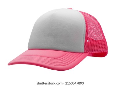 Neon Pink Trucker Cap Isolated On White Background. Basic Baseball Cap. Mock-up For Branding.