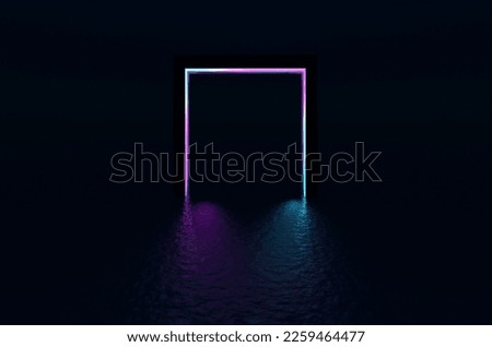 Neon portal reflecting in the liquid surface. Cyberpunk dark 3D rendering