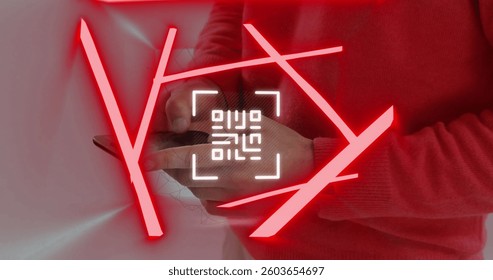 Neon qr code scanner and abstract shapes against mid section of man using smartphone. digital and cashless payment technology concept