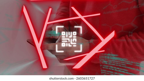 Neon qr code scanner and data processing against mid section of man using smartphone. digital and cashless payment technology concept
