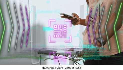 Neon qr code scanner and data processing against mid section of woman using smartphone. digital and cashless payment technology concept