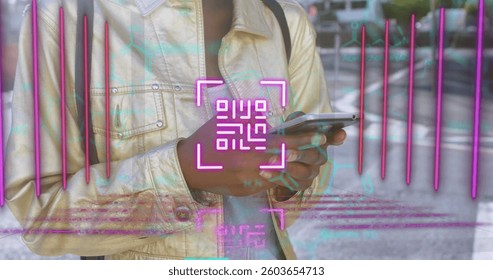 Neon qr code scanner and data processing against mid section of woman using smartphone. digital and cashless payment technology concept