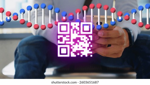 Neon qr code scanner and dna structure spinning against mid section of man using smartphone. digital and cashless payment technology concept