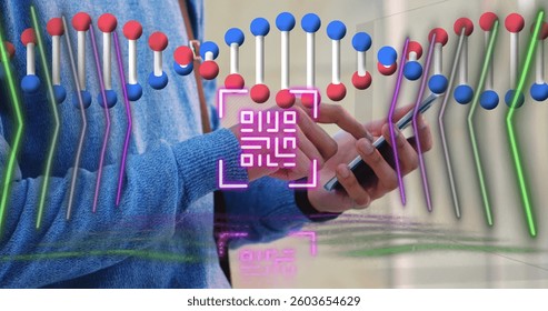 Neon qr code scanner and dna structure spinning against mid section of person using smartphone. digital and cashless payment technology concept