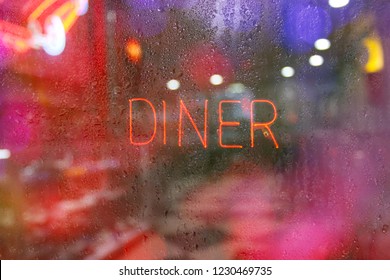 Neon Rainy Window Blur Image, Diner