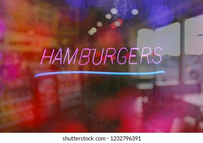 Neon Rainy Window Blur Image, Hamburger Neon Sign