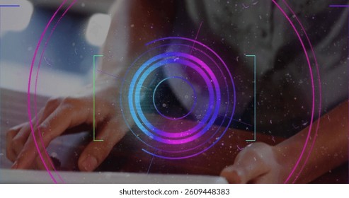 Neon scope scanner and light trails against mid section of woman using digital tablet. computer interface and technology concept