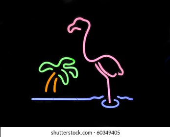 Neon Sign Beach Scene With Pink Flamingo, Palm Tree, And Water Line