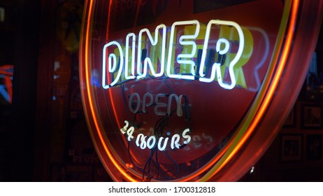 Neon Sign Diner 24 Hours At Nashville Broadway - NASHVILLE, USA - JUNE 17, 2019