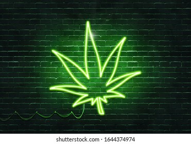 Neon Sign On A Brick Wall In The Shape Of A Simplified Weed Leaf.(illustration Series)