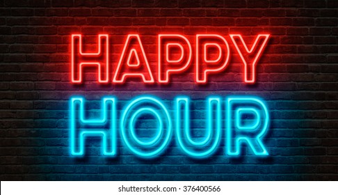 Neon sign on a brick wall - Happy Hour