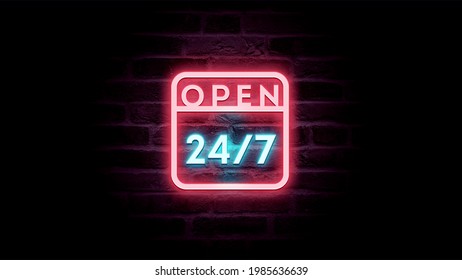 Neon sign Open 24 7 light background. Realistic glowing shining design element for open 24 hours sign Hours Club, Bar, Cafe 7 days
 - Powered by Shutterstock