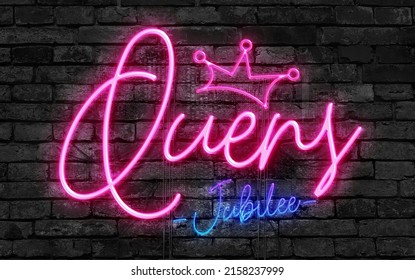 Neon Sign - The Queens Platinum Jubilee 2022 - In 2022, Her Majesty The Queen will become the first British Monarch to celebrate a Platinum Jubilee after 70 years of service - Shutterstock ID 2158237999