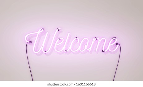 Neon Sign That Says The Word Welcome In Bright Pink Colours, On A White Concrete Wall Background.